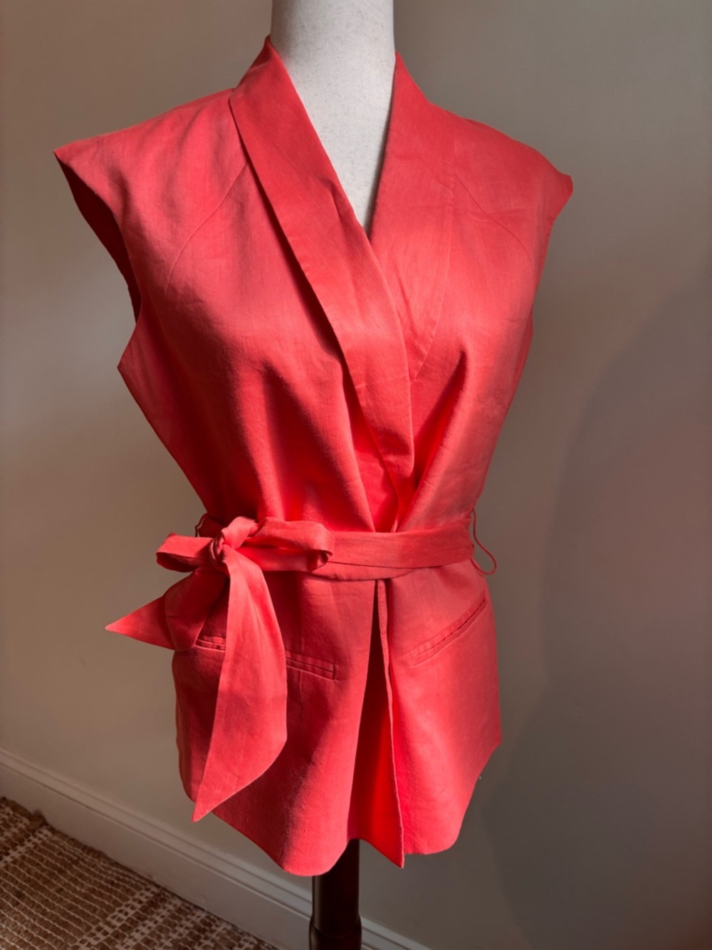 Jones New York Linen Blend Belted Top Coral Red Wrap Sleeveless Structured